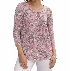 J.Jill Pink Floral Pima Cotton V-Neck Tee 3/4 Sleeve Size 2X